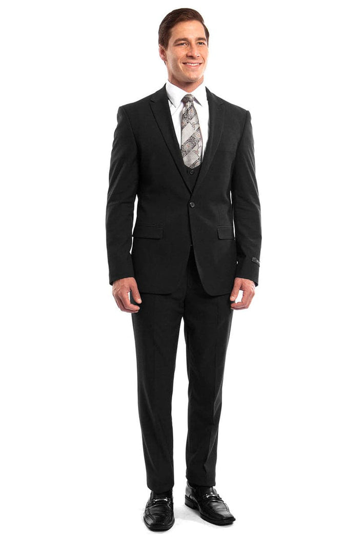 "Black Men's Wedding & Prom 2026 Suit - One Button Peak Lapel Skinny with Lowcut Vest"