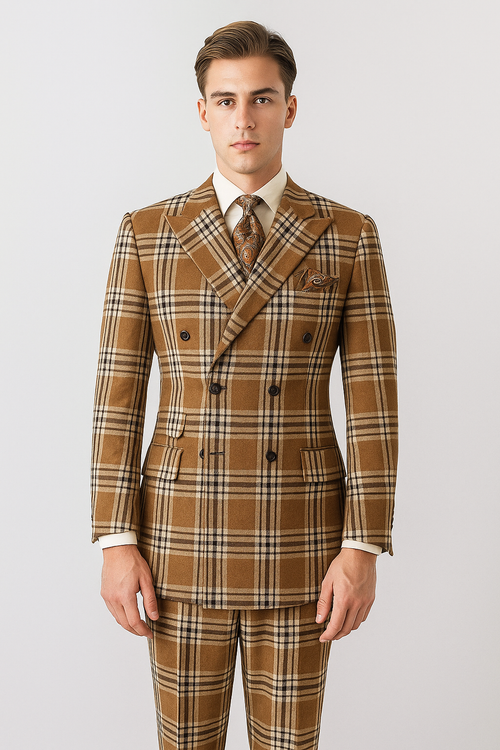 "Men's Double Breasted Wool Suit, Three Quarter Length, Tan & Brown Windowpane Plaid"