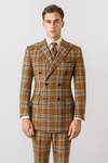 "Men's Double Breasted Wool Suit, Three Quarter Length, Tan & Brown Windowpane Plaid"