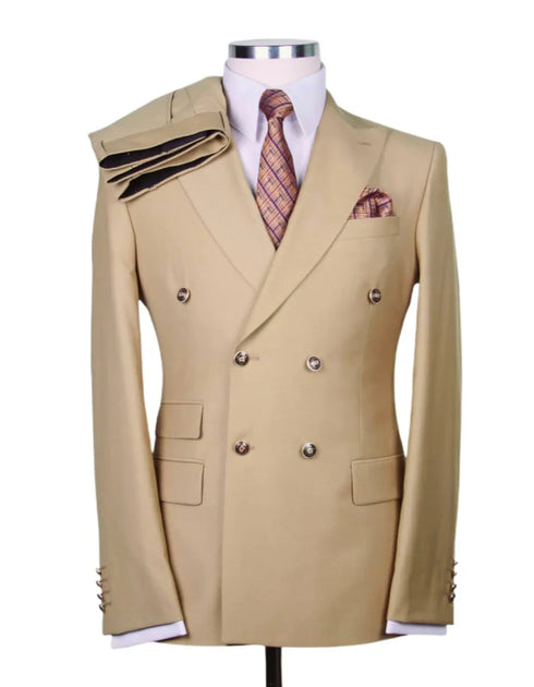 Tan Groomsmen Suits Mens Designer Modern Fit Double Breasted Wool Suit with Gold Buttons in Camel - AlbertoNardoniStore