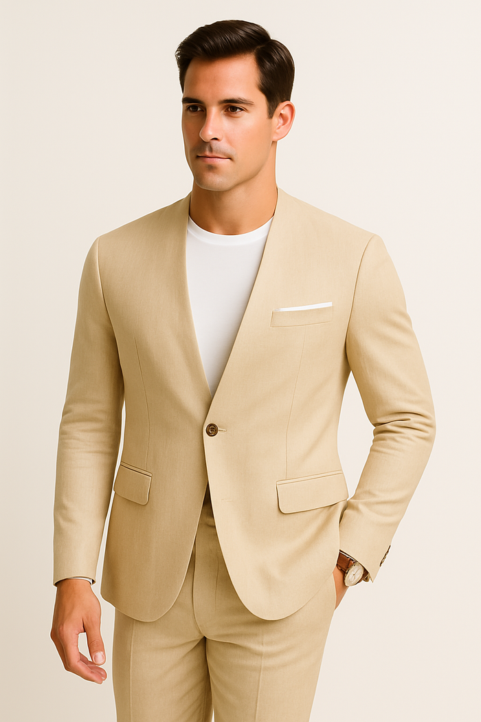 Tan linen suit. Collarless blazer, single-button, pockets. Slim-fit pants, matching color. Smooth, breathable fabric ideal for warm weather.
