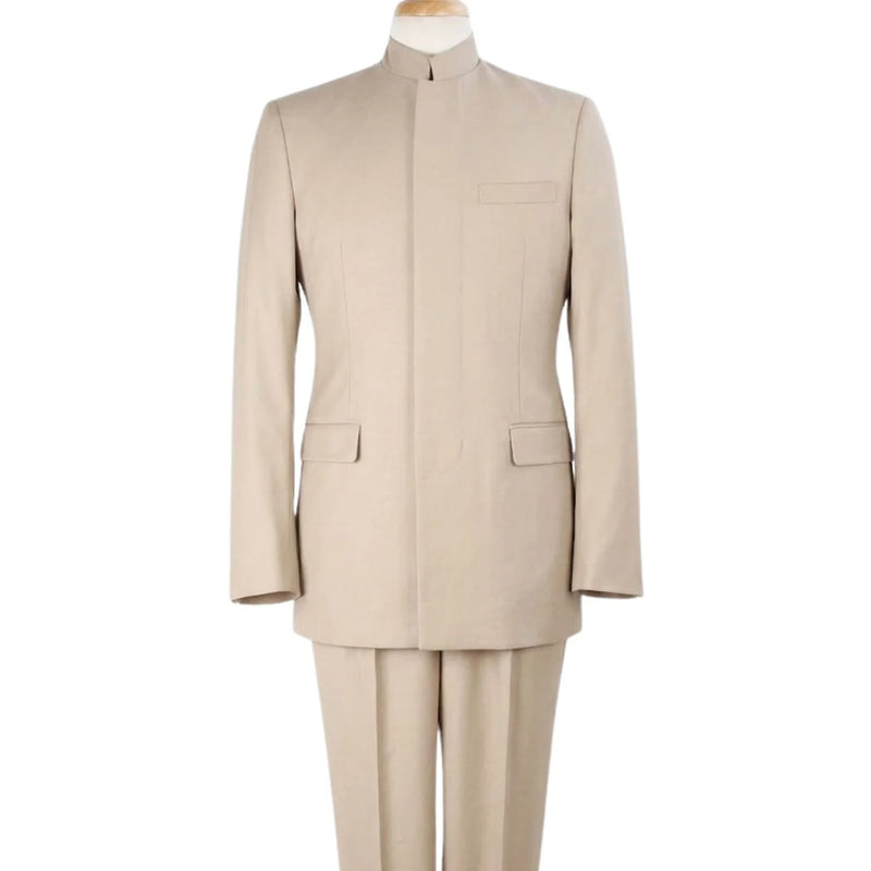 Tan Mandarin Collar Classic Fit Clergy Suit with Pleated Pants