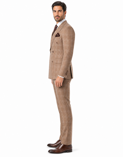 Tan Windowpane Plaid Suit Rossiman Double-Breasted Mens Two-Piece in Camel