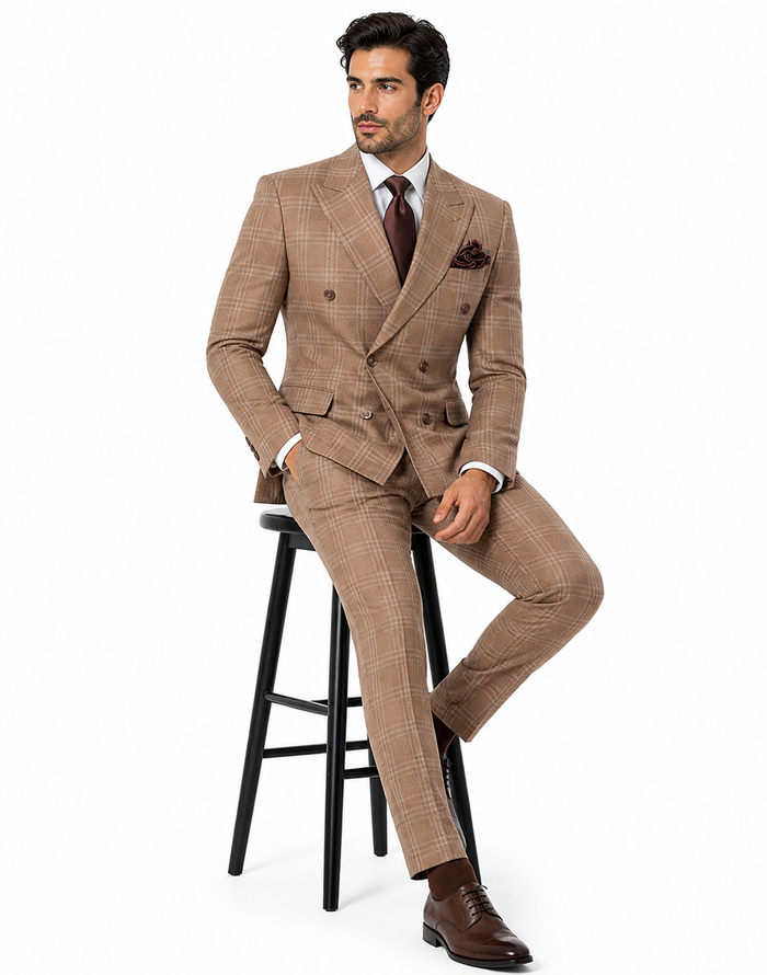 Tan Windowpane Plaid Suit Rossiman Double-Breasted Mens Two-Piece in Camel