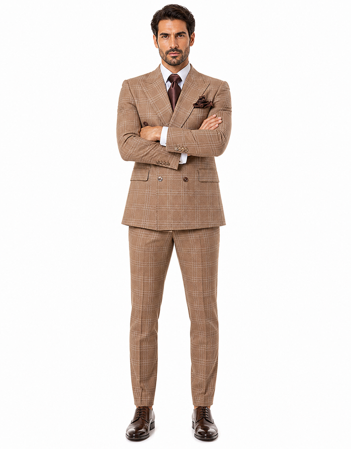 Tan Windowpane Plaid Suit Rossiman Double-Breasted Mens Two-Piece in Camel
