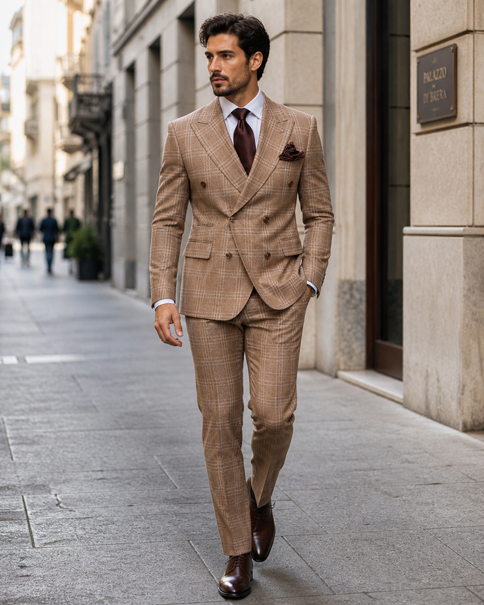 Tan Windowpane Plaid Suit Rossiman Double-Breasted Mens Two-Piece in Camel