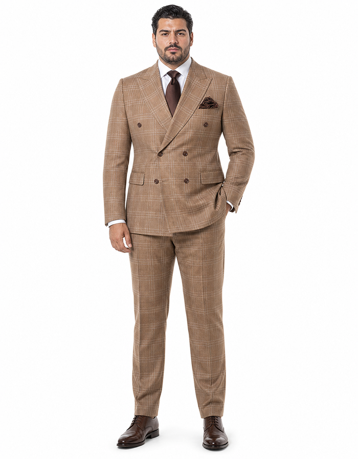 Tan Windowpane Plaid Suit Rossiman Double-Breasted Mens Two-Piece in Camel