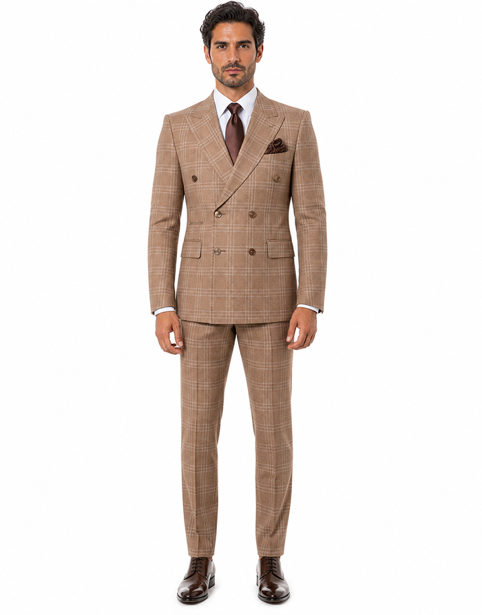 Tan Windowpane Plaid Suit Rossiman Double-Breasted Mens Two-Piece in Camel