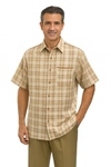 Mens Textured Plaid Walking Suit in tan/cream by Dreams by Zacchi – 2 Piece Leisure Outfit with matching shirt and pant -$99