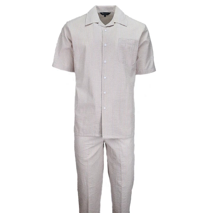 Tan seersucker 2pc set. Short-sleeve button-up shirt & trousers. Textured stripe pattern in tan. Comfortable and stylish summer outfit.