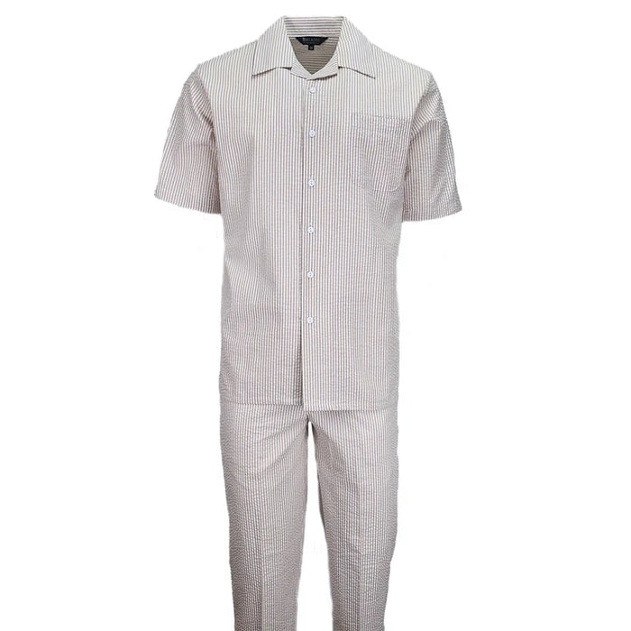 Tan seersucker 2pc set. Short-sleeve button-up shirt & trousers. Textured stripe pattern in tan. Comfortable and stylish summer outfit.