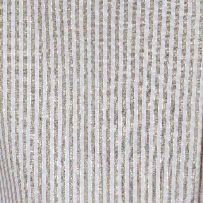 Alberto Nardoni tan seersucker 2pc set. Lightweight fabric with textured finish, featuring alternating light tan and white vertical stripes.