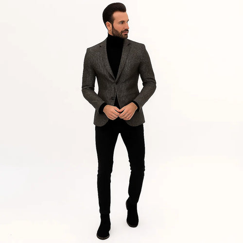 Grey Suit Jacket Black Pants - Satin Peak Lapel - Two Button Closure Suit