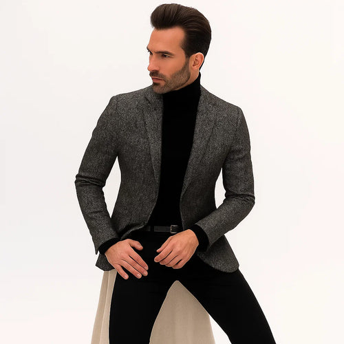 Grey Suit Jacket Black Pants - Satin Peak Lapel - Two Button Closure Suit