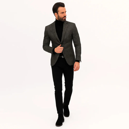 Grey Suit Jacket Black Pants - Satin Peak Lapel - Two Button Closure Suit