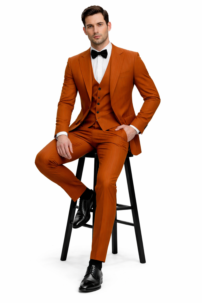 Tazzio Mens Terracotta Orange Pinstripe Skinny Fit Suit Modern Stylish Outfit