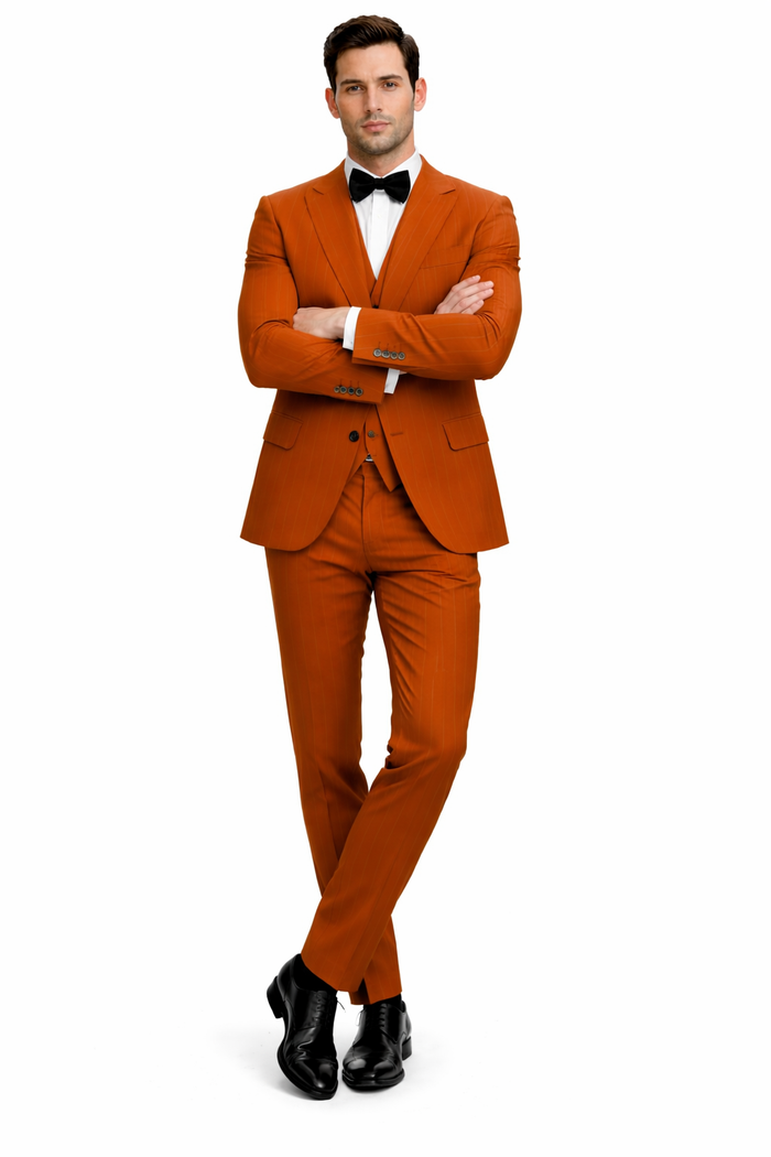 Tazzio Mens Terracotta Orange Pinstripe Skinny Fit Suit Modern Stylish Outfit