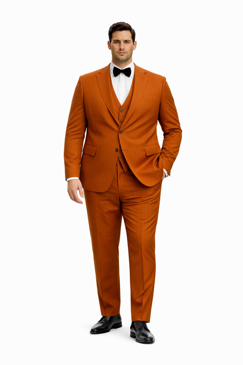 Tazzio Mens Terracotta Orange Pinstripe Skinny Fit Suit Modern Stylish Outfit