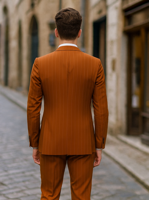 Tazzio Men’s Terracotta Orange Pinstripe Skinny Fit Suit – Modern Stylish Outfit