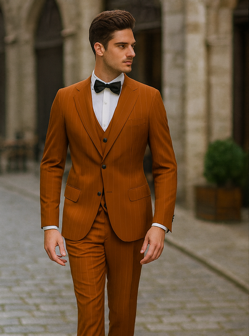 Tazzio Men’s Terracotta Orange Pinstripe Skinny Fit Suit – Modern Stylish Outfit