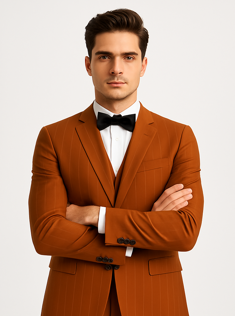 Tazzio Men’s Terracotta Orange Pinstripe Skinny Fit Suit – Modern Stylish Outfit