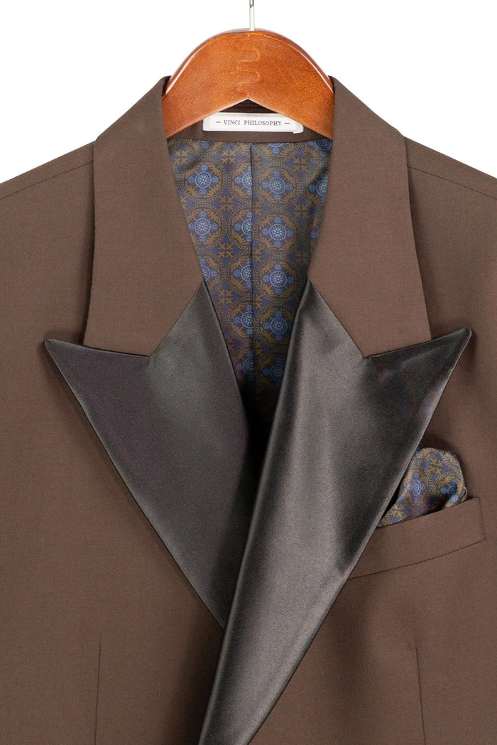 Mens Regular Fit Double Breasted Tuxedo with Satin Lapel and Bow Tie - Brown