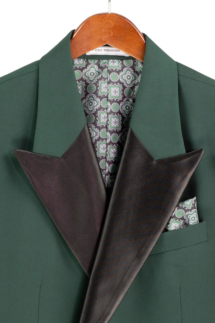 Mens Regular Fit Double Breasted Tuxedo with Satin Lapel and Bow Tie - Hunter Green