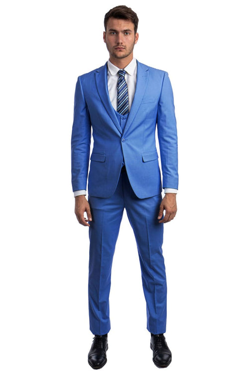 "French Blue Men's Skinny Wedding & Prom 2026 Suit - One Button Peak Lapel with Lowcut Vest"