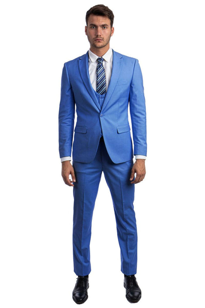 "French Blue Men's Skinny Wedding & Prom 2026 Suit - One Button Peak Lapel with Lowcut Vest"