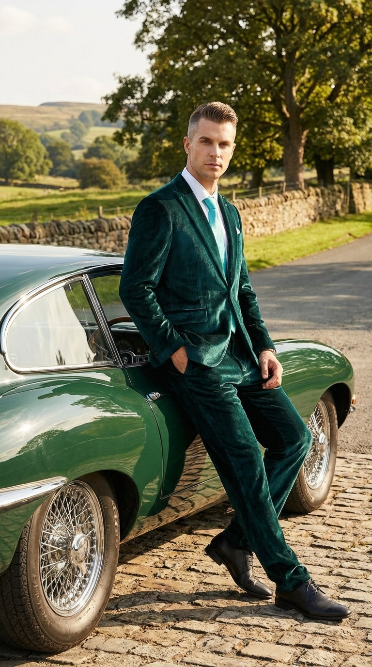 Mens Emerald Green Teal Blue Velvet Suit – Luxury Two Piece Formal Evening Suit