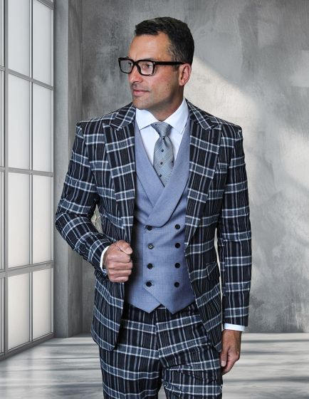 Saboo by Statement mens outlet 3 piece plaid features a three-piece suit consisting of a checkered gray and black plaid pattern. The suit includes a fitted blazer, a double-breasted vest, and matching pants, all constructed from a textile material with a structured form.