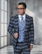 Saboo by Statement mens outlet 3 piece plaid features a three-piece suit consisting of a checkered gray and black plaid pattern. The suit includes a fitted blazer, a double-breasted vest, and matching pants, all constructed from a textile material with a structured form.
