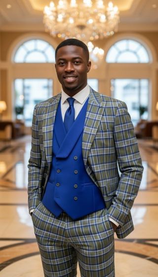 Statement mens 3 piece plaid suit features a modern fit design in a prominent plaid pattern, combining shades of blue and gray. The suit includes a tailored jacket, a matching vest, and pants, all crafted from 100% wool material. The components are well-structured, with the vest showing a double-breasted design and a smooth texture that contrasts with the suit's patterned exterior.