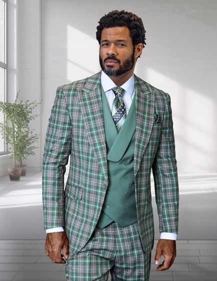 The Statement men's 3-piece plaid suit features a modern fit with a checkered pattern in green, white, and black. The suit is crafted from 100% wool and includes a single-breasted jacket, matching trousers, and a vest.