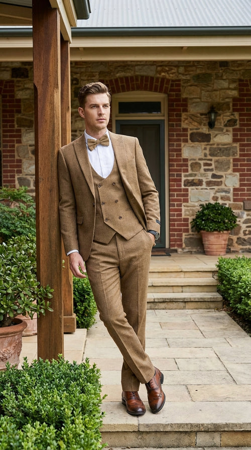 Mens Mocca Brown Taupe textured 1920s Great Gatsby Inspired Suit – Vintage Three Piece Retro Formal Suit Peak Lapel