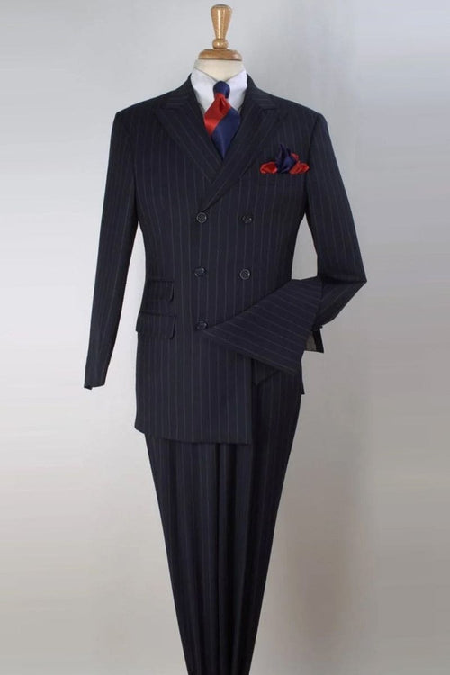 "Navy Pinstripe Wool Vested Suit - Men's Double Breasted Fashion"