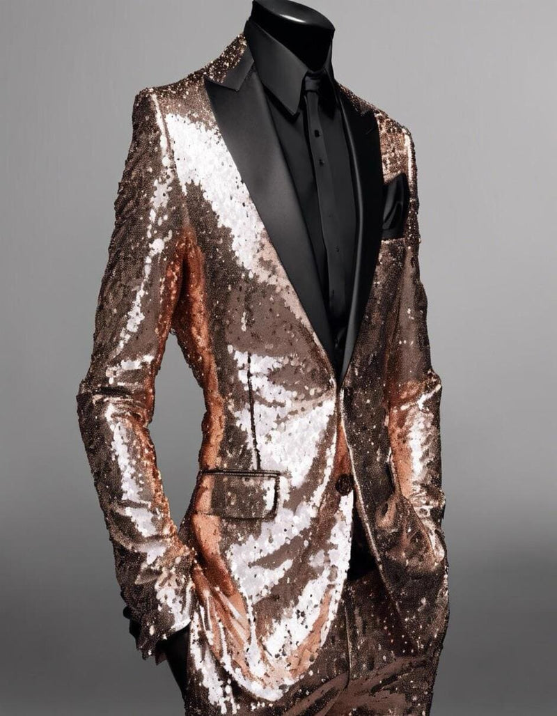 Men's Rose Gold Sequin Tuxedo Suit with Black Satin Lapel â€“ Luxury Slim Fit Blazer for Parties and Events