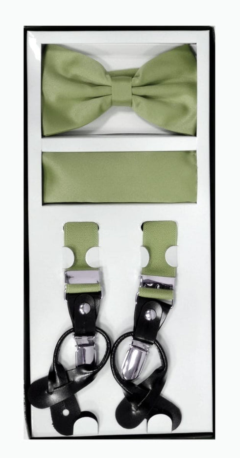 Skinny Suspender 1" Width Combo Set (Bowtie & Hanky) Y-Back Sage Green