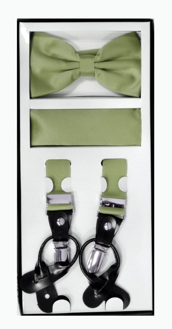 Skinny Suspender 1" Width Combo Set (Bowtie & Hanky) Y-Back Sage Green