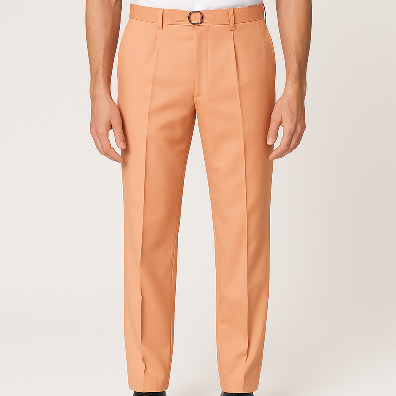 Tiglio Luxe Marbella dress pants. Light orange, semi-wide leg with front pleats. Smooth wool. Belted waist for a tailored, fitted silhouette with clean lines.
