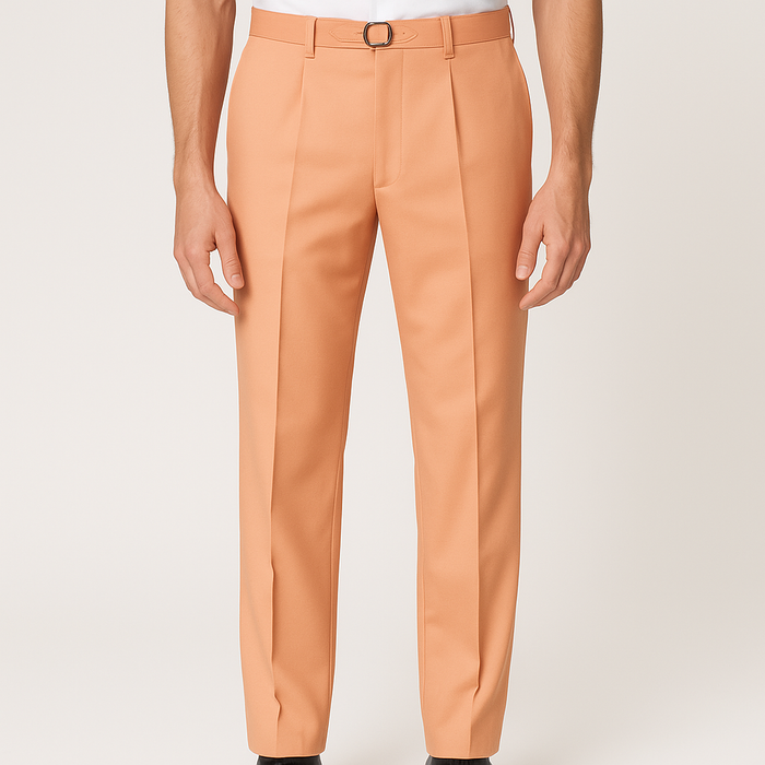 Tiglio Luxe Marbella dress pants. Light orange, semi-wide leg with front pleats. Smooth wool. Belted waist for a tailored, fitted silhouette with clean lines.
