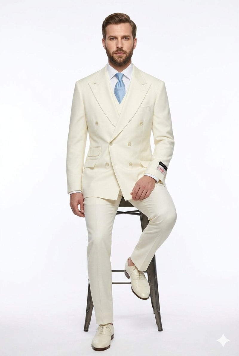 Tiglio Italian Suit - Real Wool Fabric Super 150's EST Off-White, Wide Leg Suit & Vest in Color Off-White
