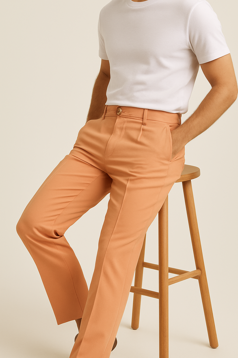 Tiglio Luxe Marbella wool dress pants in creamsicle orange. Semi-wide leg, smooth wool fabric, front button closure, and tailored seams for a structured look.

