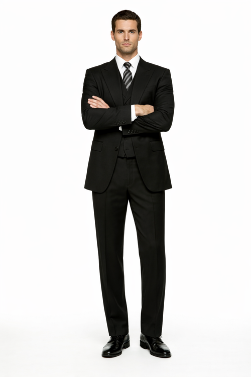 Tiglio Mens Black 3 Piece Suit – Single Button Classic Fit Pleated Wide Leg Pants Formal Business Church Suit - 100% Wool