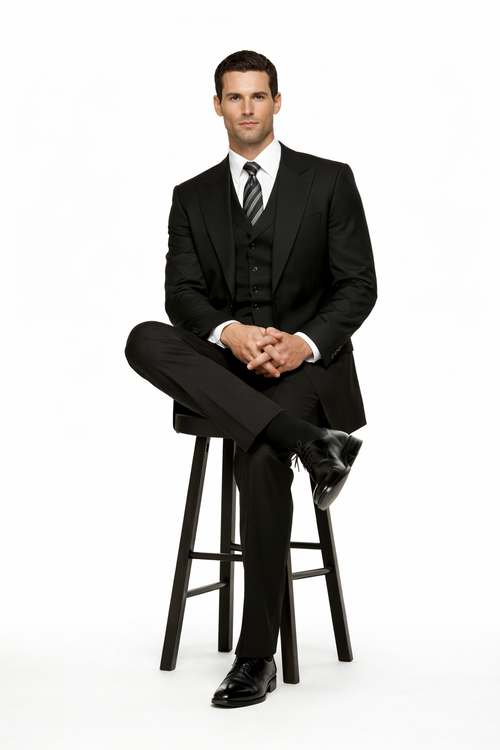 Tiglio Mens Black 3 Piece Suit – Single Button Classic Fit Pleated Wide Leg Pants Formal Business Church Suit - 100% Wool