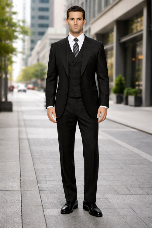 Tiglio Mens Black 3 Piece Suit – Single Button Classic Fit Pleated Wide Leg Pants Formal Business Church Suit - 100% Wool