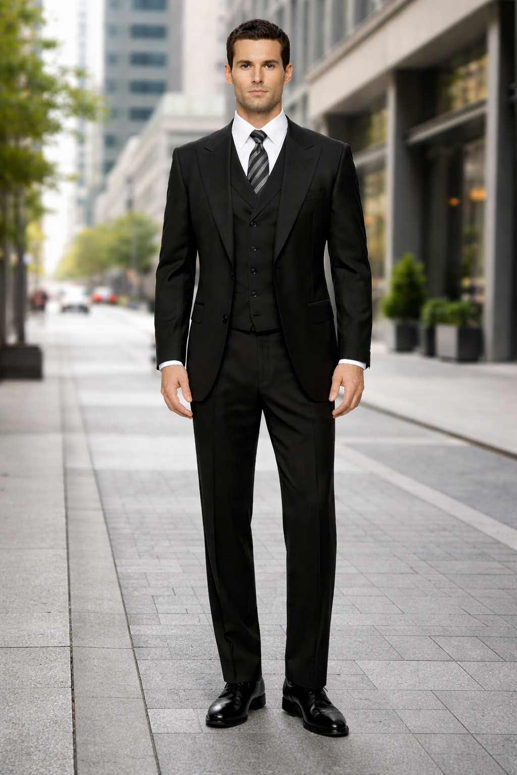 Tiglio Mens Black 3 Piece Suit – Single Button Classic Fit Pleated Wide Leg Pants Formal Business Church Suit - 100% Wool