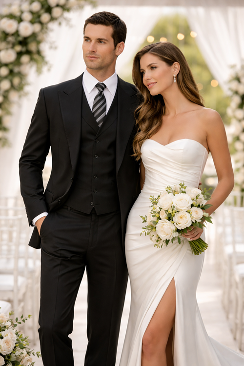 Tiglio Mens Black 3 Piece Suit – Single Button Classic Fit Pleated Wide Leg Pants Formal Business Church Suit - 100% Wool