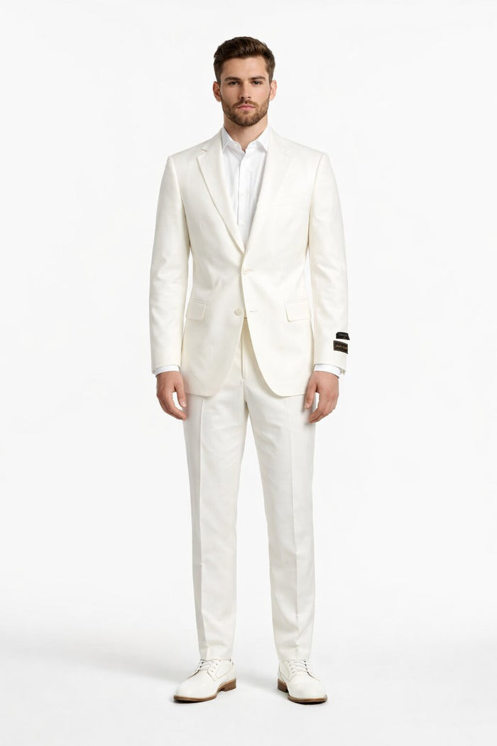 Tiglio Italian Suit - Real Wool Fabric Super 150's Novello Off-White, Modern Fit Suit in Color Off-White