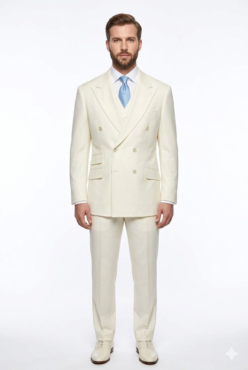 Tiglio Italian Suit - Real Wool Fabric Super 150's EST Off-White, Wide Leg Suit & Vest in Color Off-White
